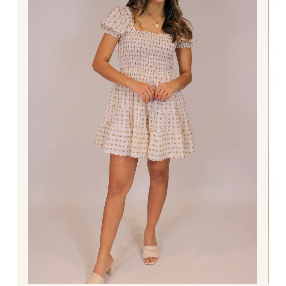Self Contrast Floral Smocked Puff Sleeve Mini Dress Size S Cottagecore Boho